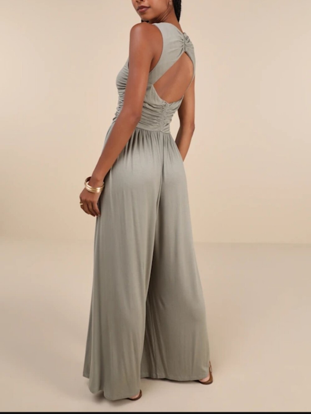 NWT Lulus Breezy Fascination Sage Green Ruched Cutout Jumpsuit - Size L - Picture 2 of 4